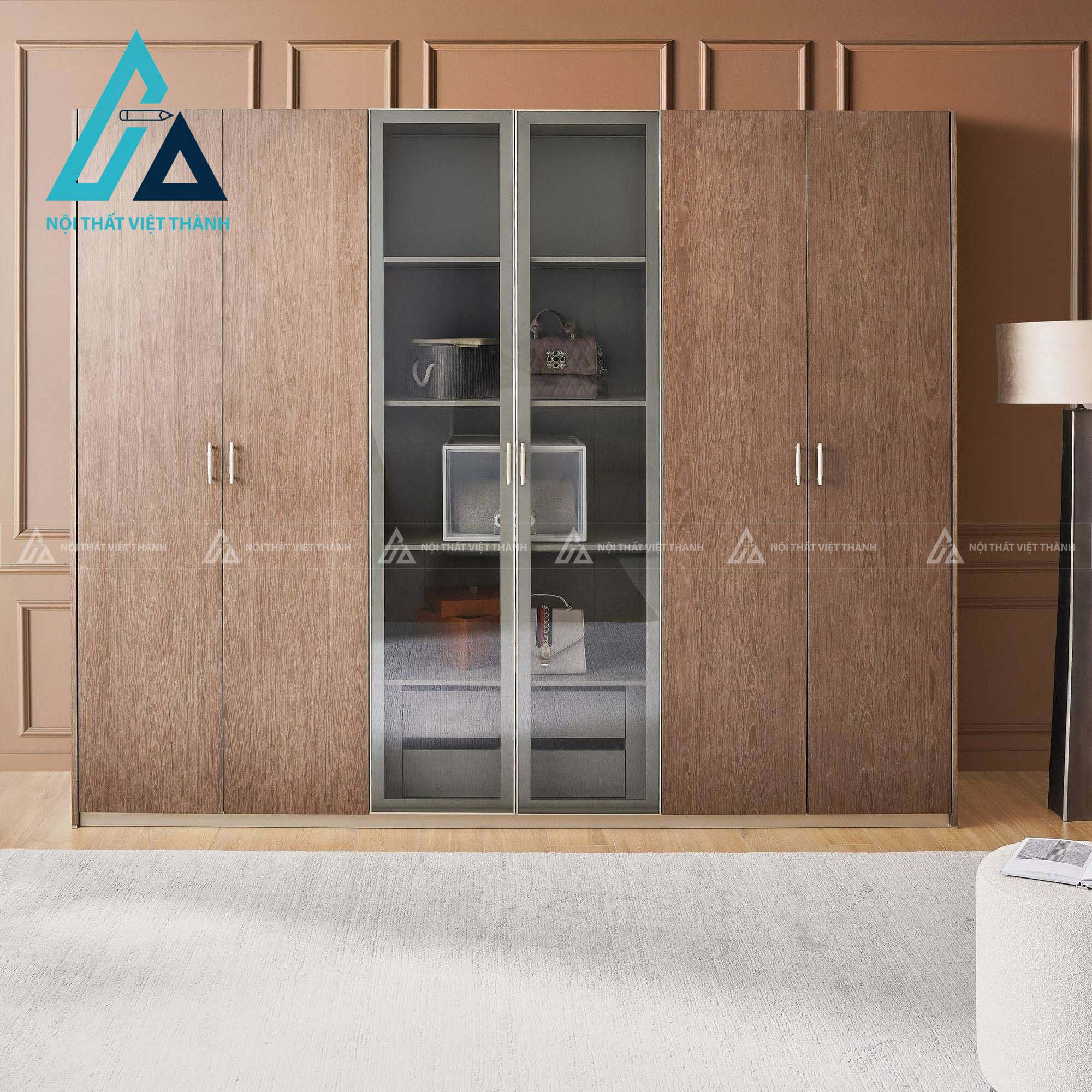 Tủ quần áo 6 cánh kính màu xám MDF tích hợp LED hiện đại cao cấp 2