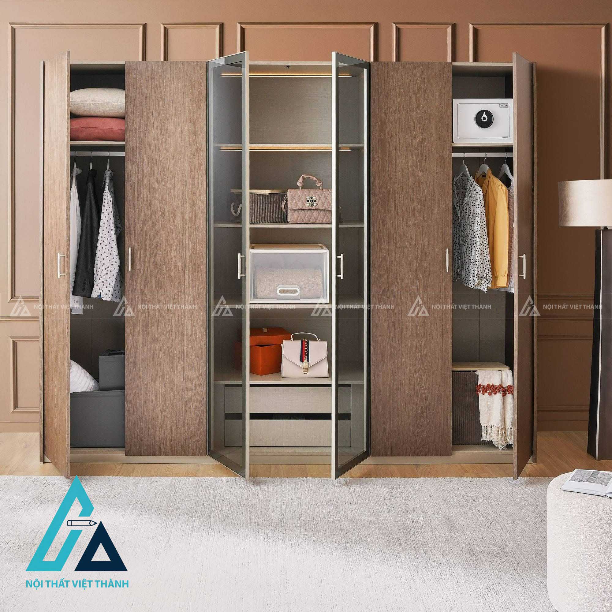 Tủ quần áo 6 cánh kính màu xám MDF tích hợp LED hiện đại cao cấp 3