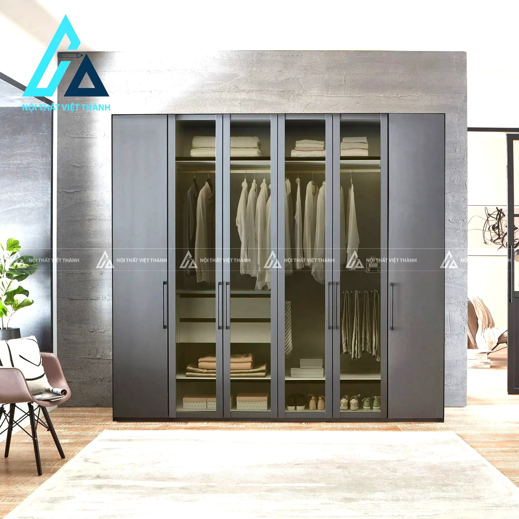 Tủ quần áo 6 cánh kính MDF màu đen hiện đại sang trọng cao cấp