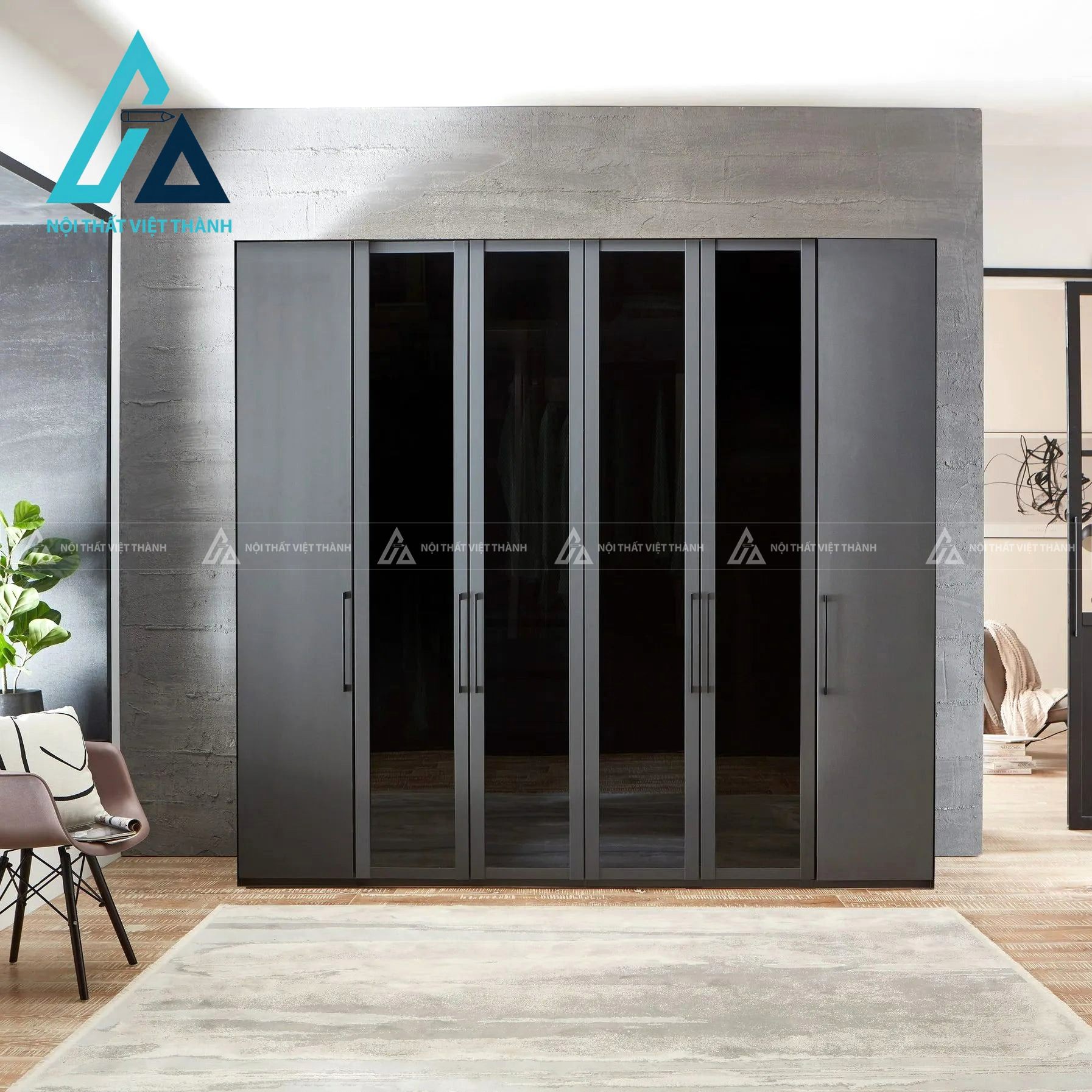 Tủ quần áo 6 cánh kính MDF màu đen hiện đại sang trọng cao cấp 3