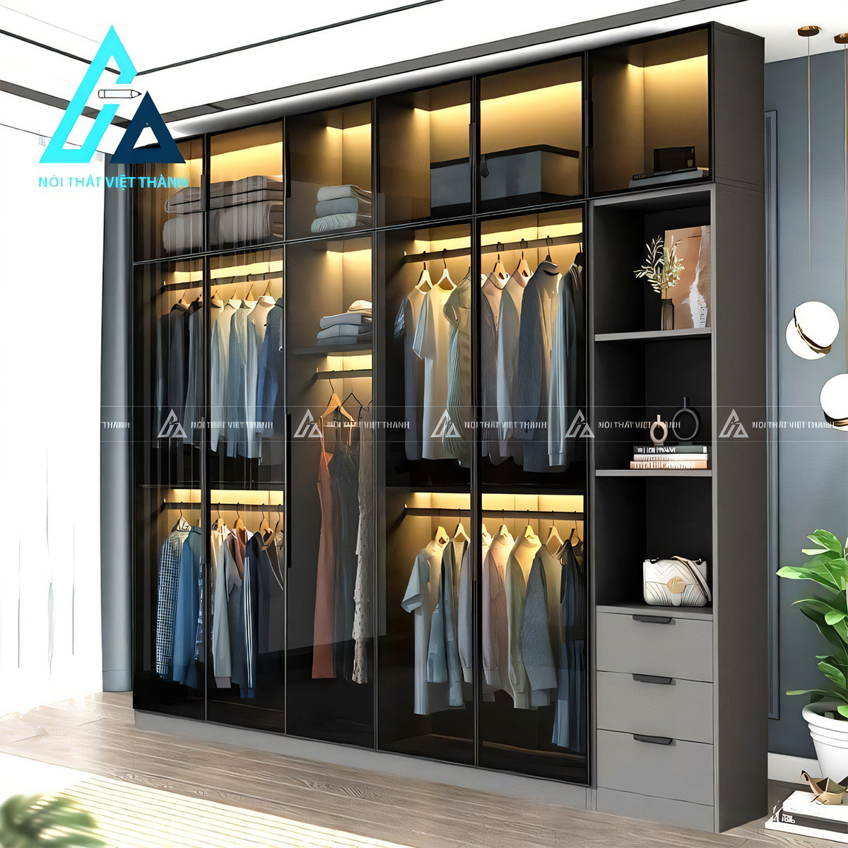 Tủ quần áo 6 cánh kính MDF màu xám hiện đại cao cấp