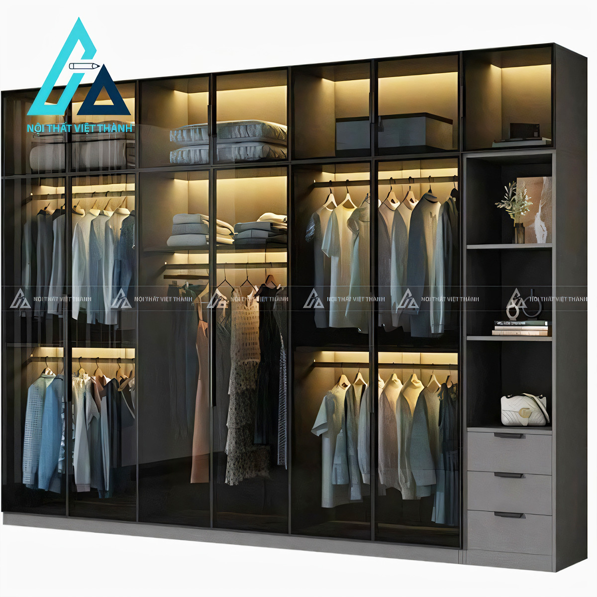 Tủ quần áo 6 cánh kính MDF màu xám hiện đại cao cấp 1