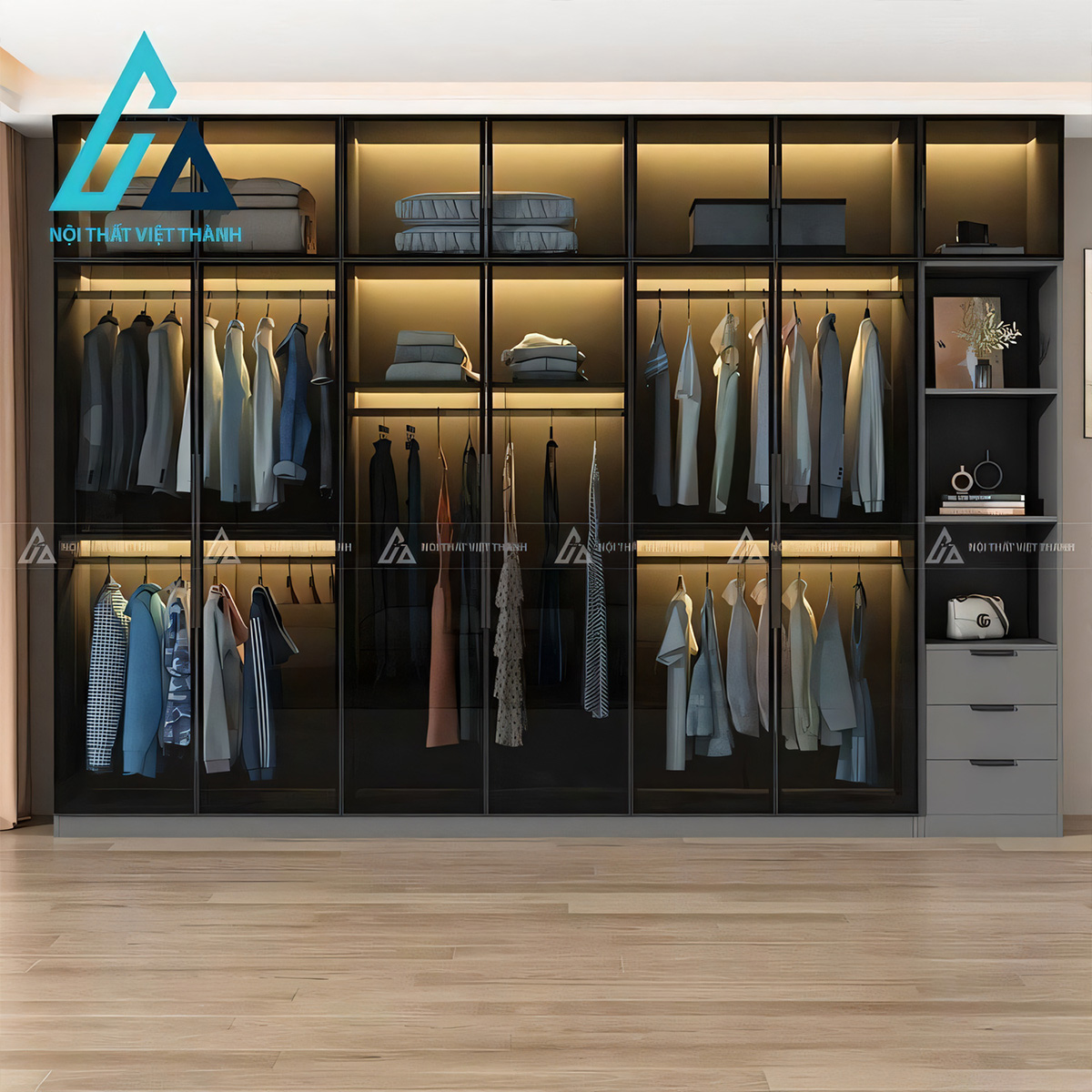 Tủ quần áo 6 cánh kính MDF màu xám hiện đại cao cấp 2