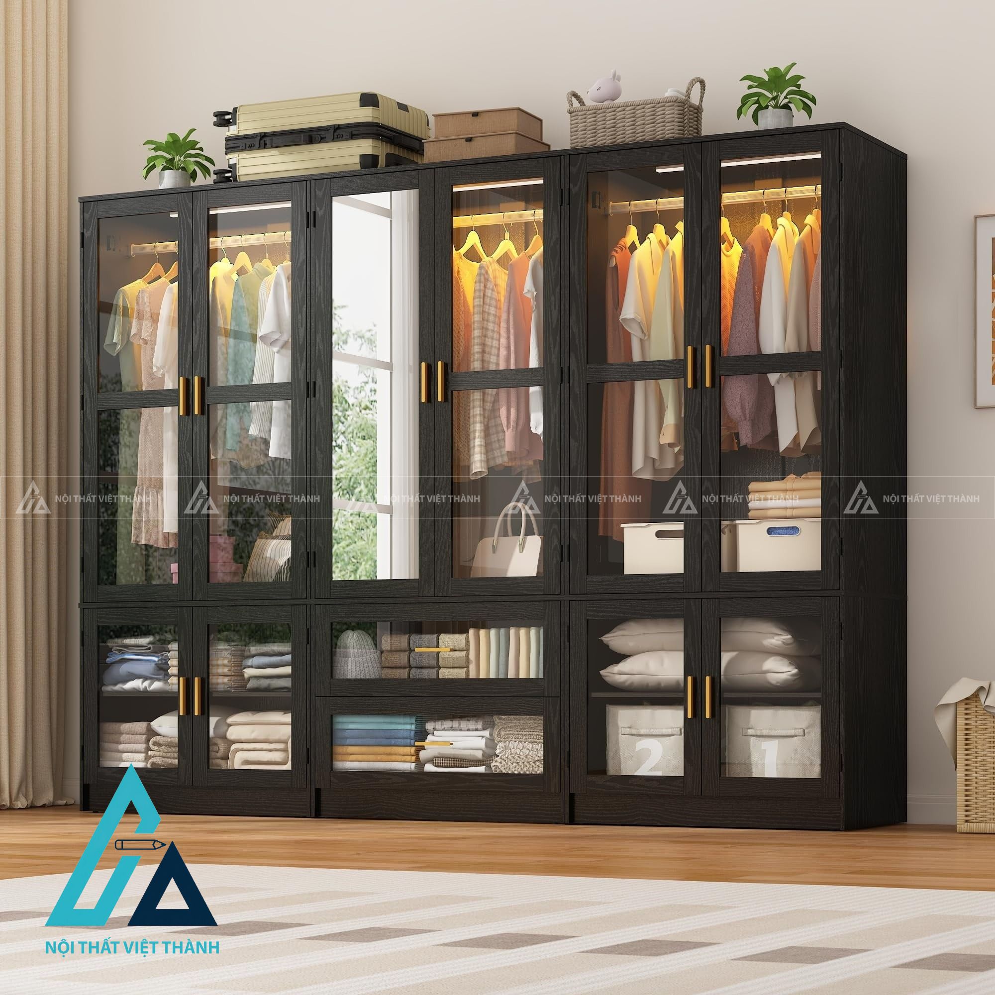 Tủ quần áo 6 cánh kính MDF tích hợp LED ngăn kéo hiện đại cao cấp