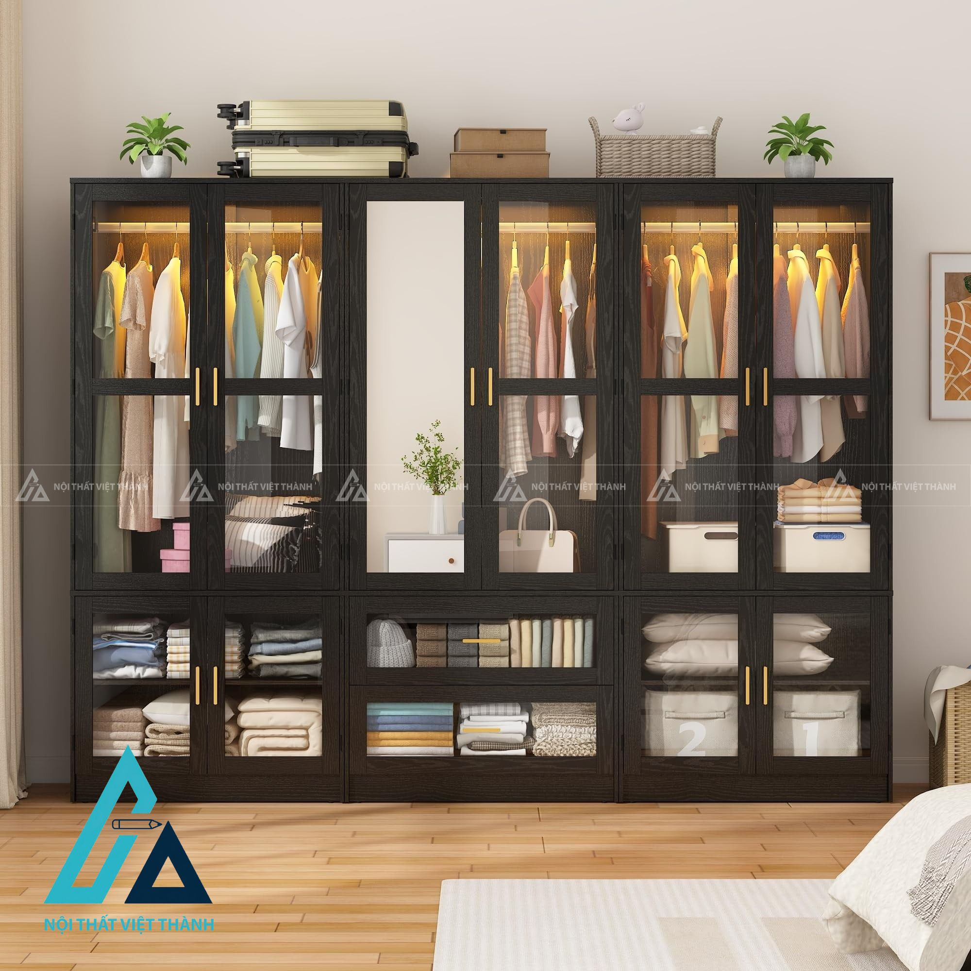 Tủ quần áo 6 cánh kính MDF tích hợp LED ngăn kéo hiện đại cao cấp 1