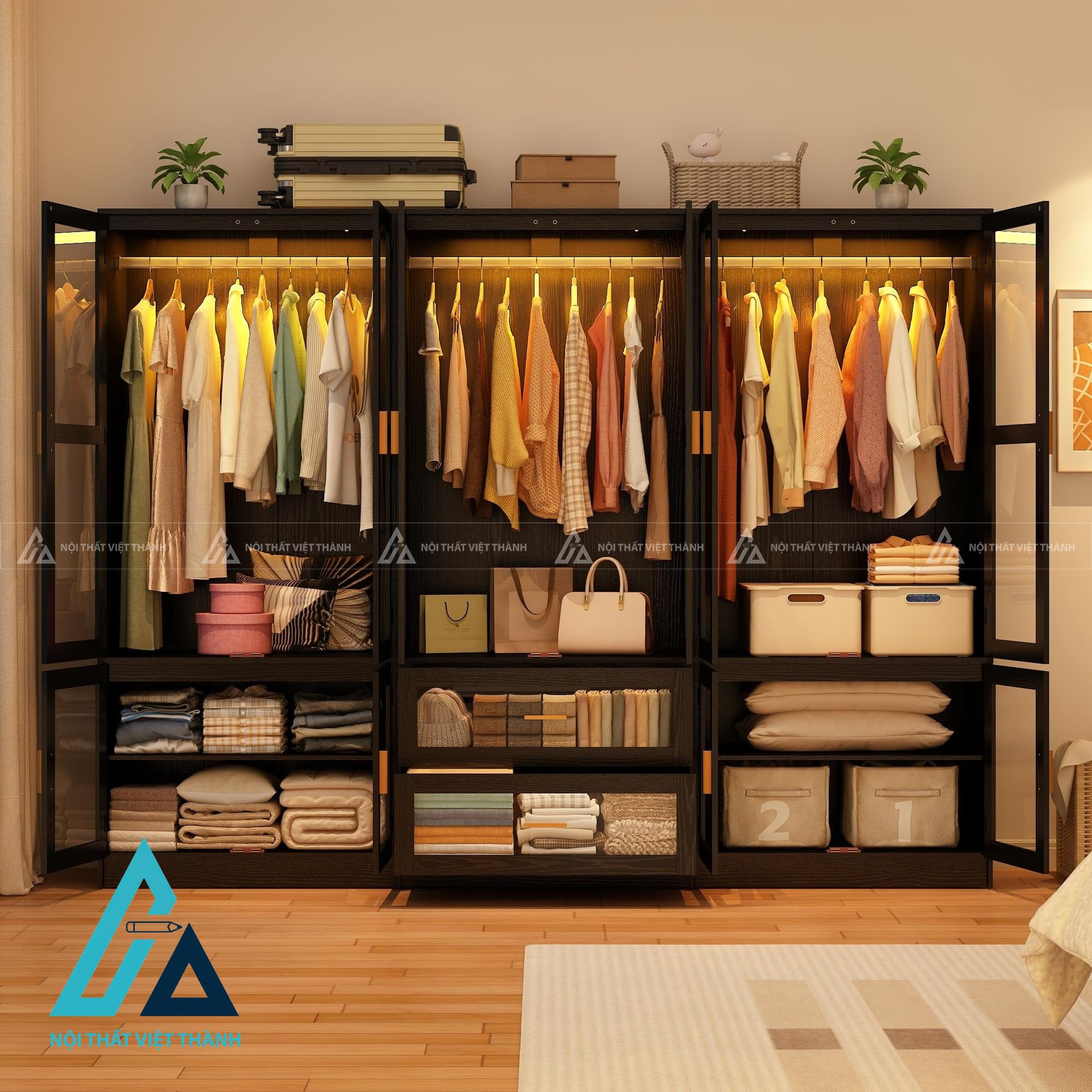 Tủ quần áo 6 cánh kính MDF tích hợp LED ngăn kéo hiện đại cao cấp 2