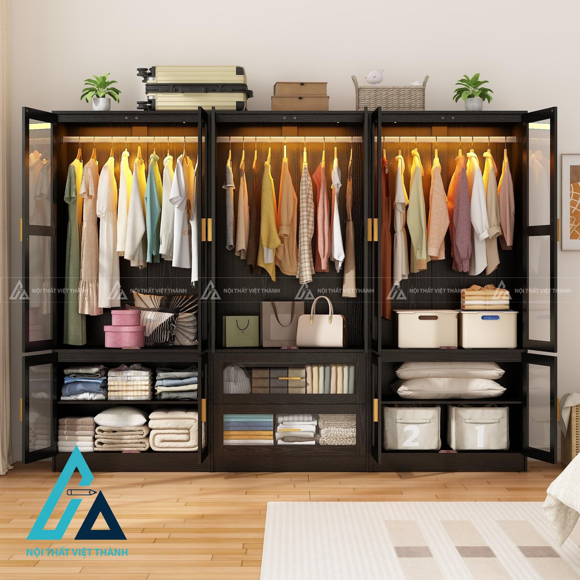 Tủ quần áo 6 cánh kính MDF tích hợp LED ngăn kéo hiện đại cao cấp 3
