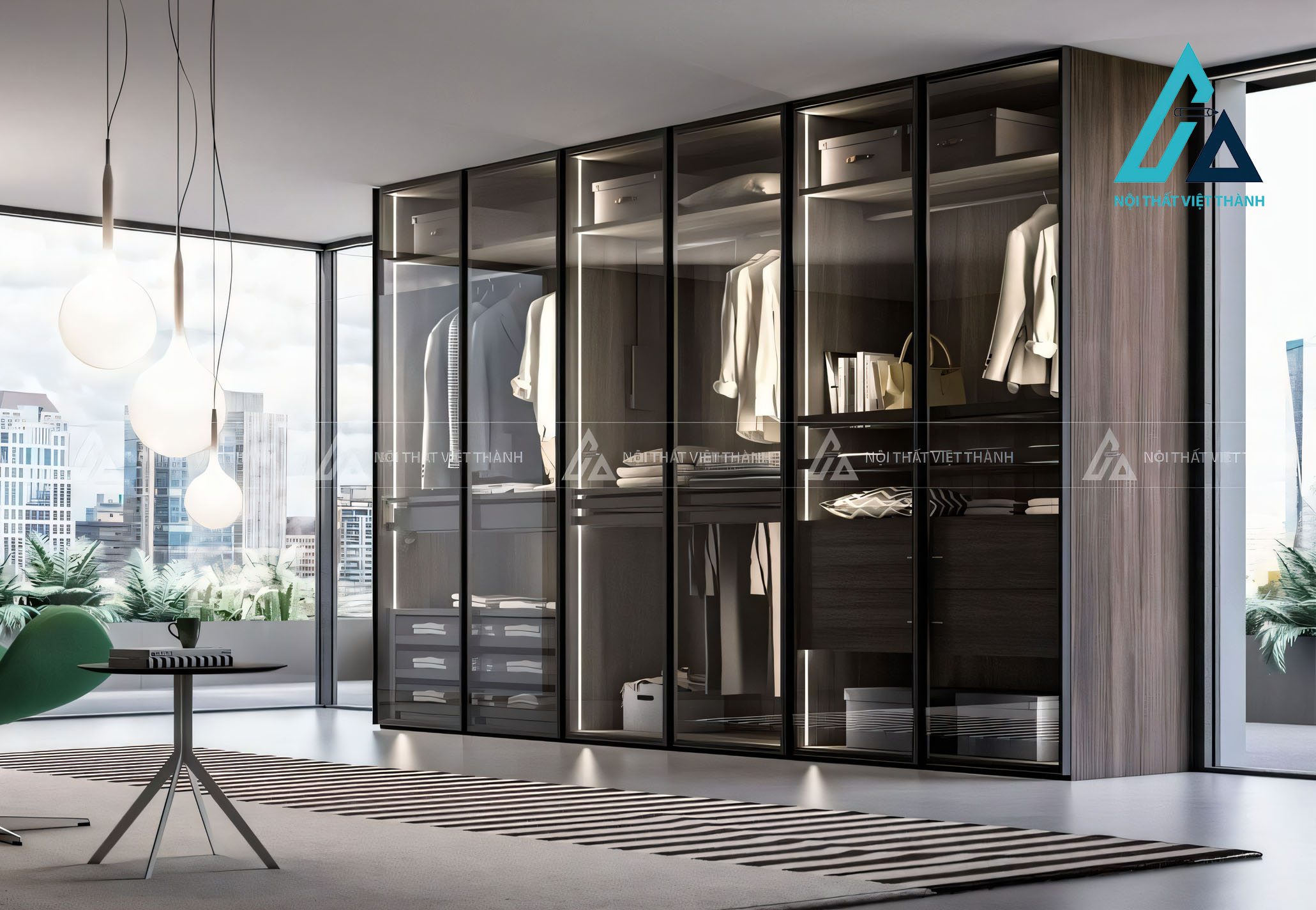 Tủ quần áo 6 cánh kính MDF vân gỗ tích hợp đèn LED hiện đại cao cấp