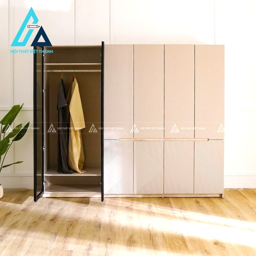 Tủ quần áo 6 cánh MDF kính cường lực màu be sang trọng hiện đại 1