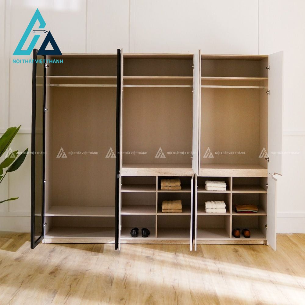 Tủ quần áo 6 cánh MDF kính cường lực màu be sang trọng hiện đại 2