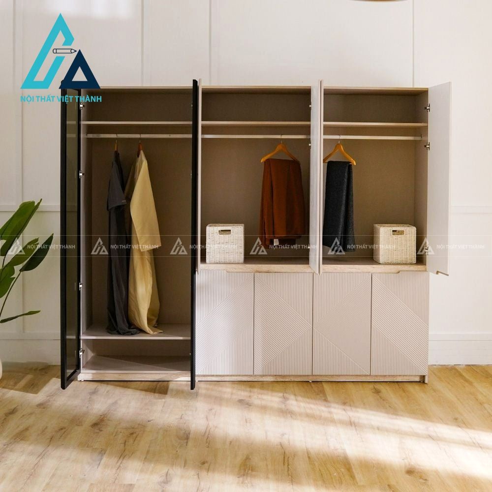 Tủ quần áo 6 cánh MDF kính cường lực màu be sang trọng hiện đại 3