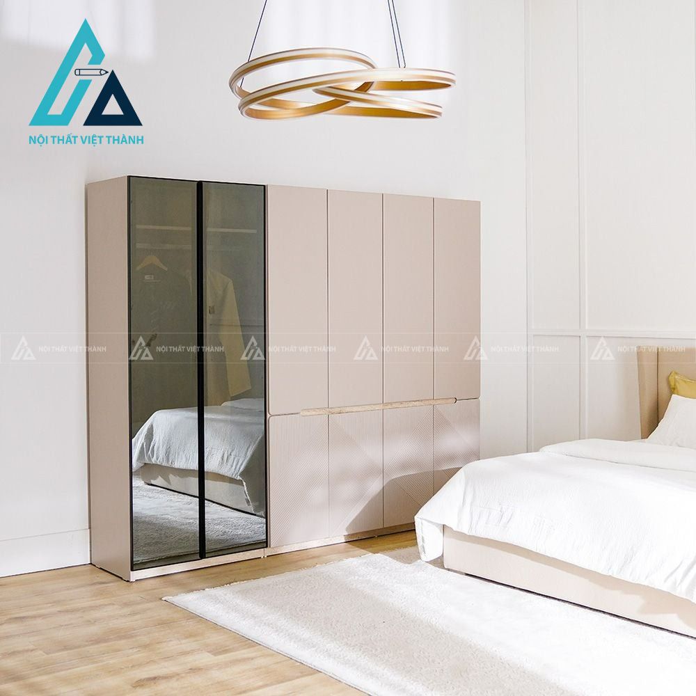 Tủ quần áo 6 cánh MDF kính cường lực màu be sang trọng hiện đại 6