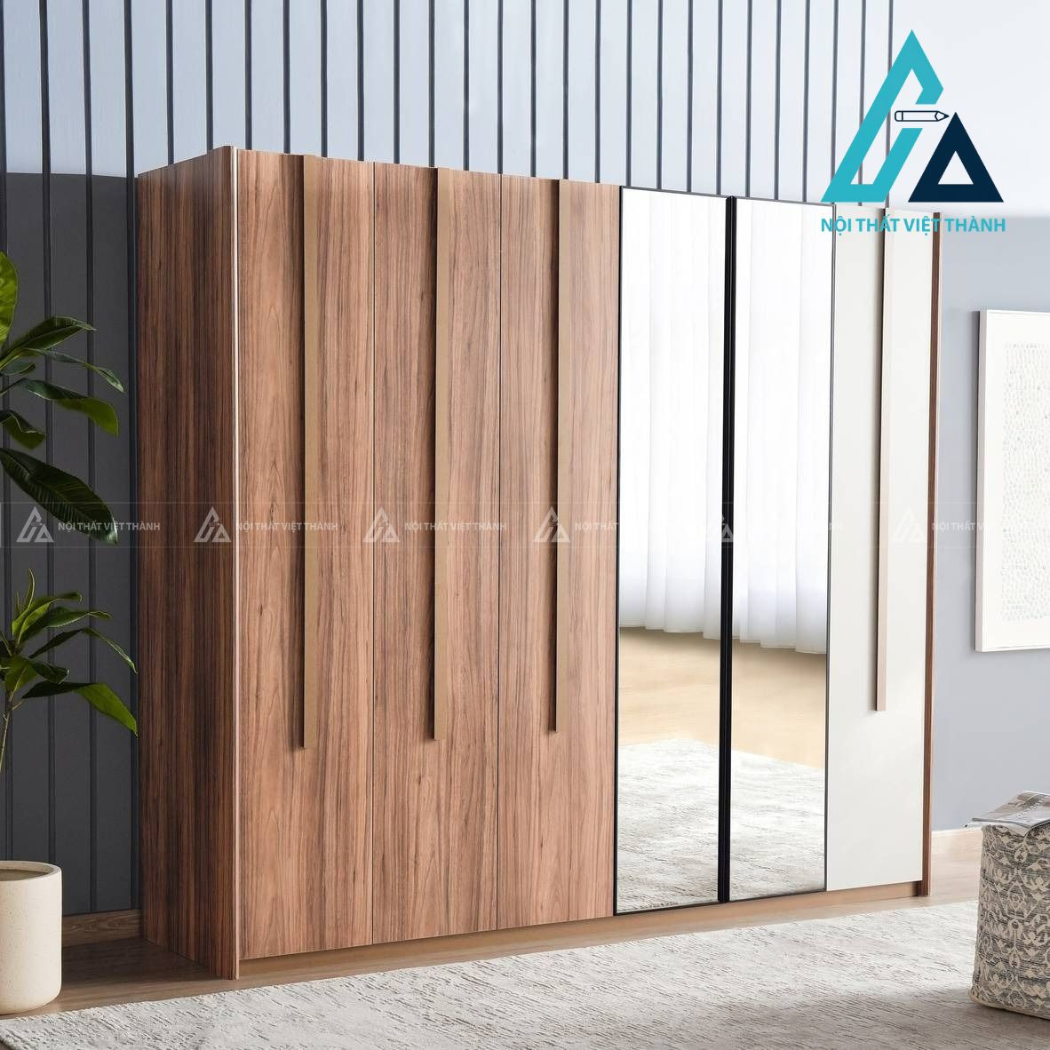 Tủ quần áo 6 cánh MDF màu be phối vân gỗ óc chó sang trọng hiện đại