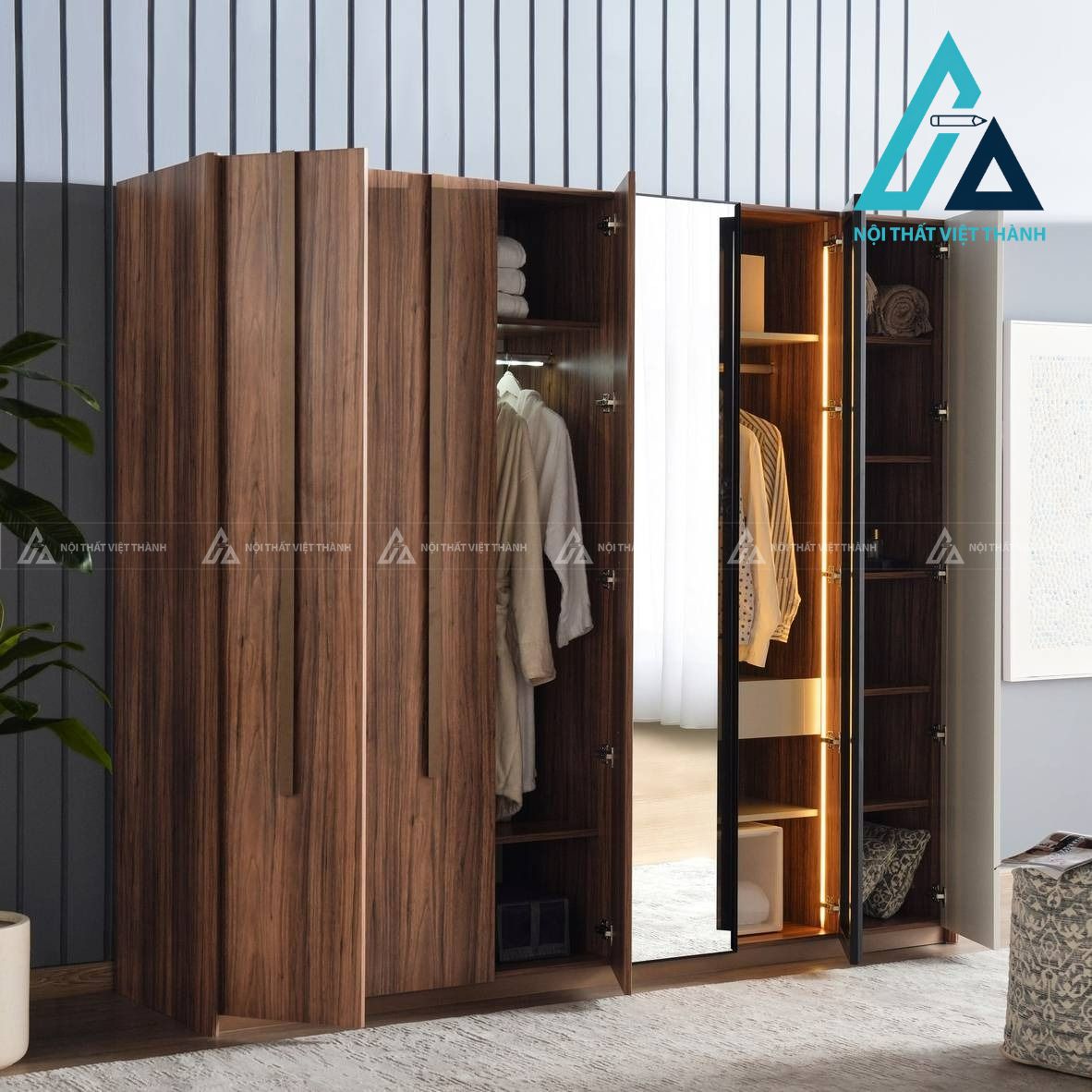 Tủ quần áo 6 cánh MDF màu be phối vân gỗ óc chó sang trọng hiện đại 1