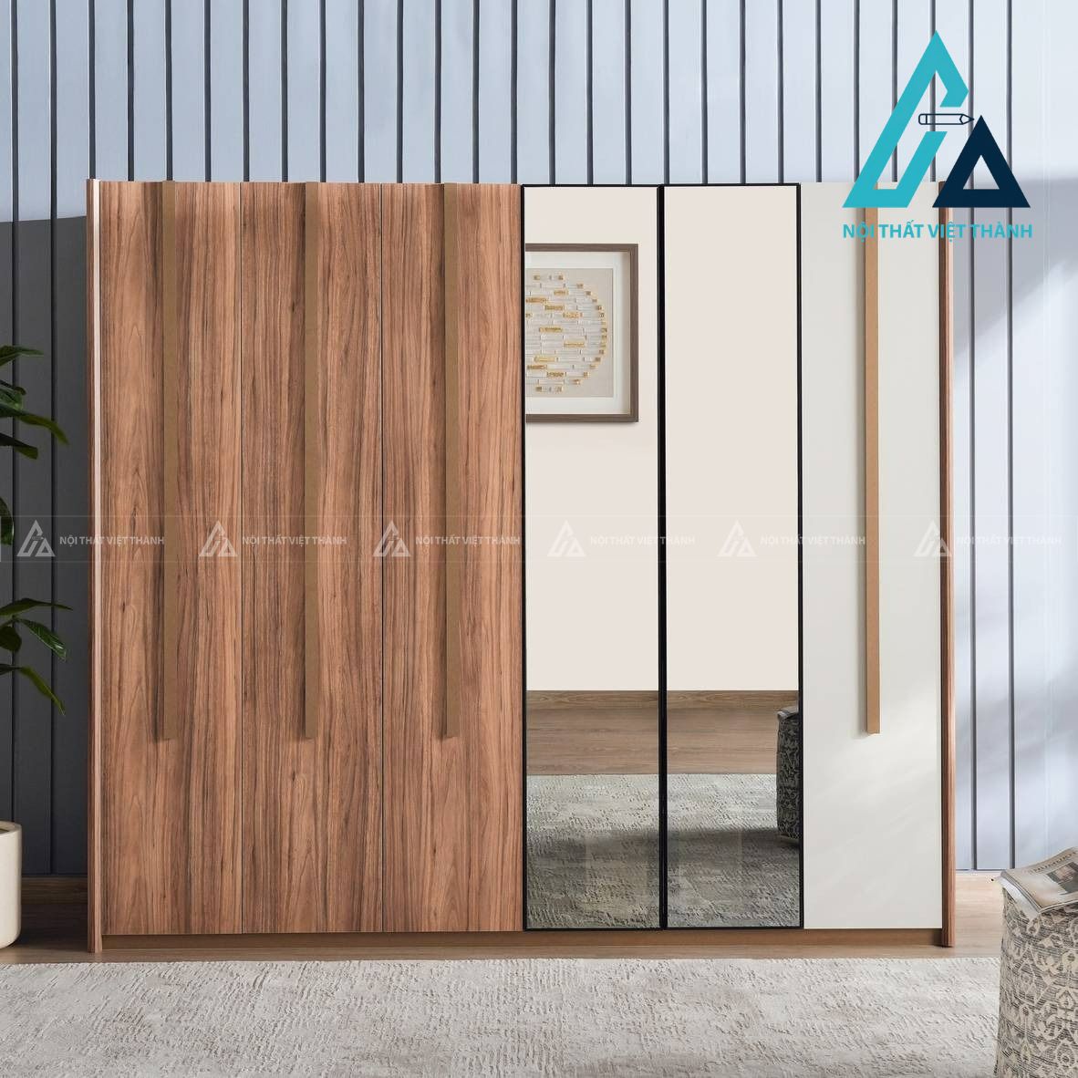 Tủ quần áo 6 cánh MDF màu be phối vân gỗ óc chó sang trọng hiện đại 2