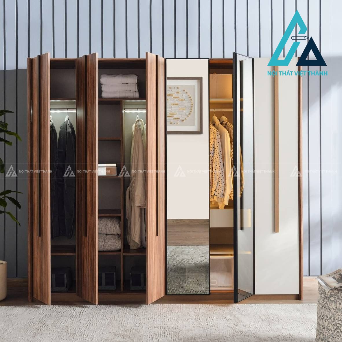 Tủ quần áo 6 cánh MDF màu be phối vân gỗ óc chó sang trọng hiện đại 3