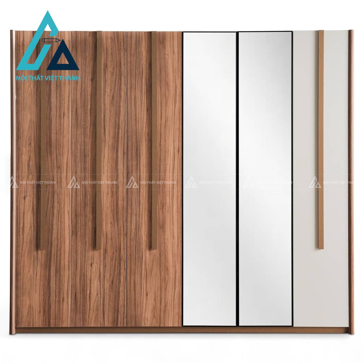 Tủ quần áo 6 cánh MDF màu be phối vân gỗ óc chó sang trọng hiện đại 4