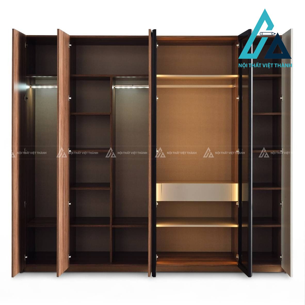 Tủ quần áo 6 cánh MDF màu be phối vân gỗ óc chó sang trọng hiện đại 5