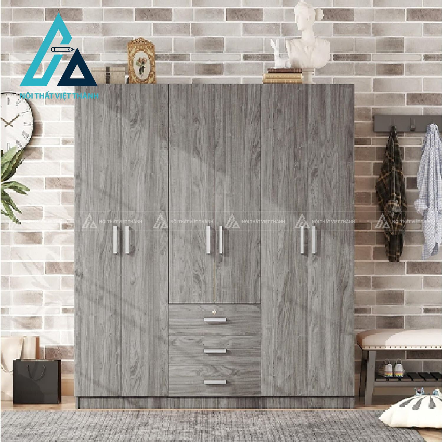 Tủ quần áo 6 cánh MDF màu xám hiện đại nhiều ngăn lưu trữ rộng rãi