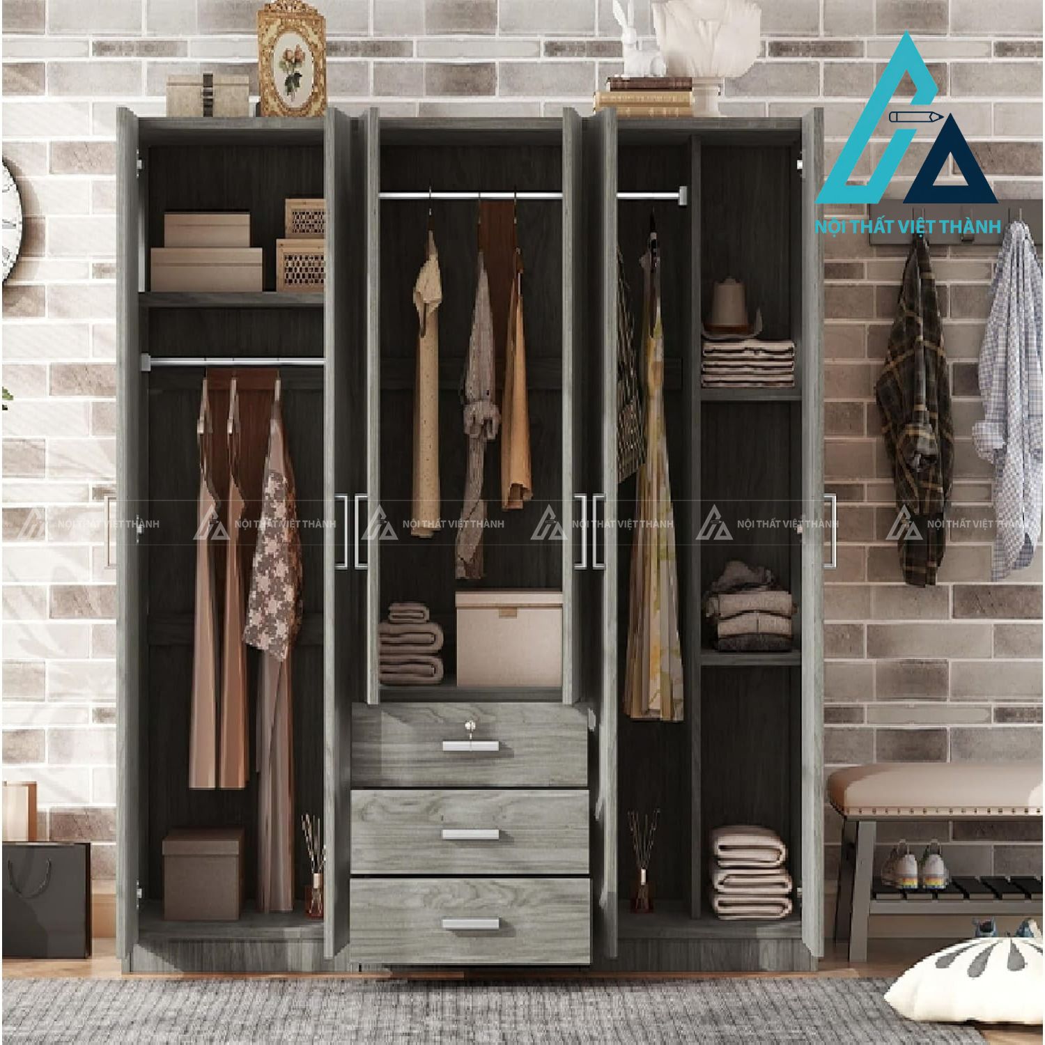 Tủ quần áo 6 cánh MDF màu xám hiện đại nhiều ngăn lưu trữ rộng rãi 1