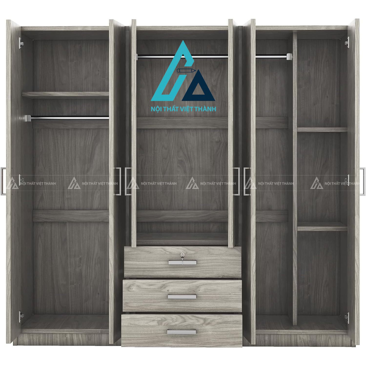 Tủ quần áo 6 cánh MDF màu xám hiện đại nhiều ngăn lưu trữ rộng rãi 2