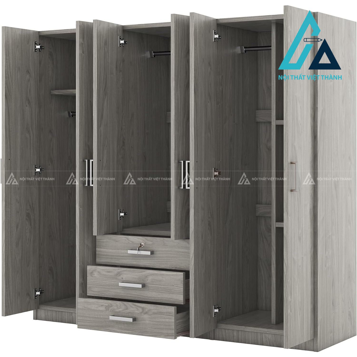 Tủ quần áo 6 cánh MDF màu xám hiện đại nhiều ngăn lưu trữ rộng rãi 3