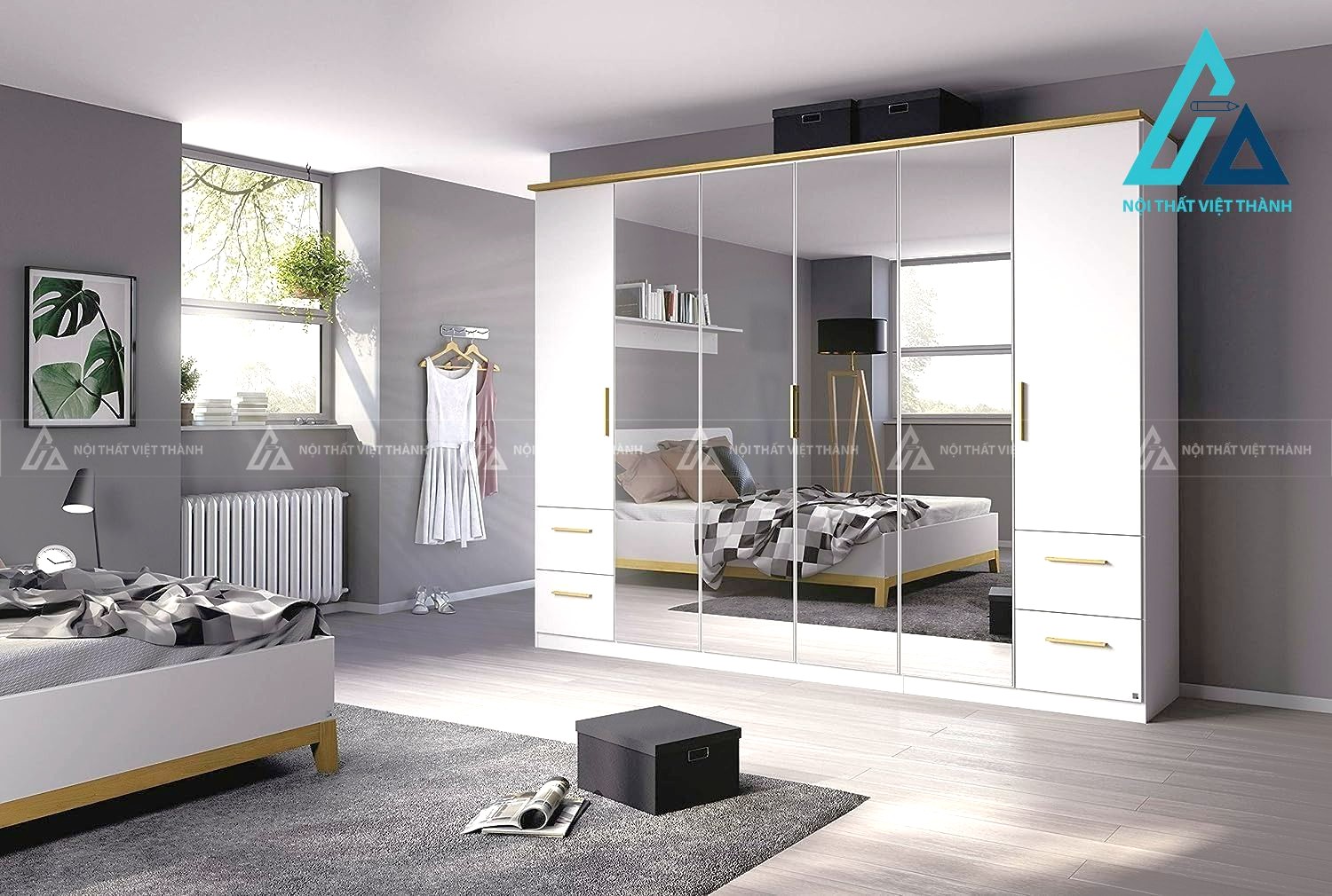 Tủ quần áo 6 cánh MDF phối trắng sồi kèm 4 ngăn kéo rộng hiện đại