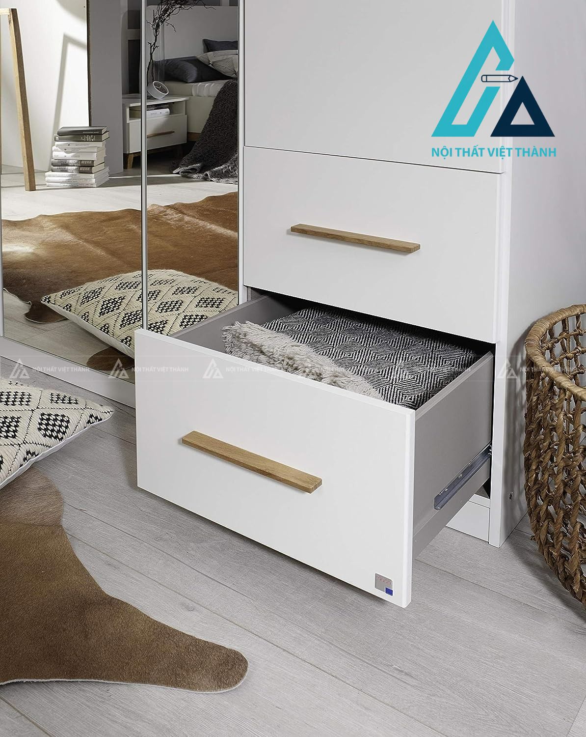 Tủ quần áo 6 cánh MDF phối trắng sồi kèm 4 ngăn kéo rộng hiện đại 1