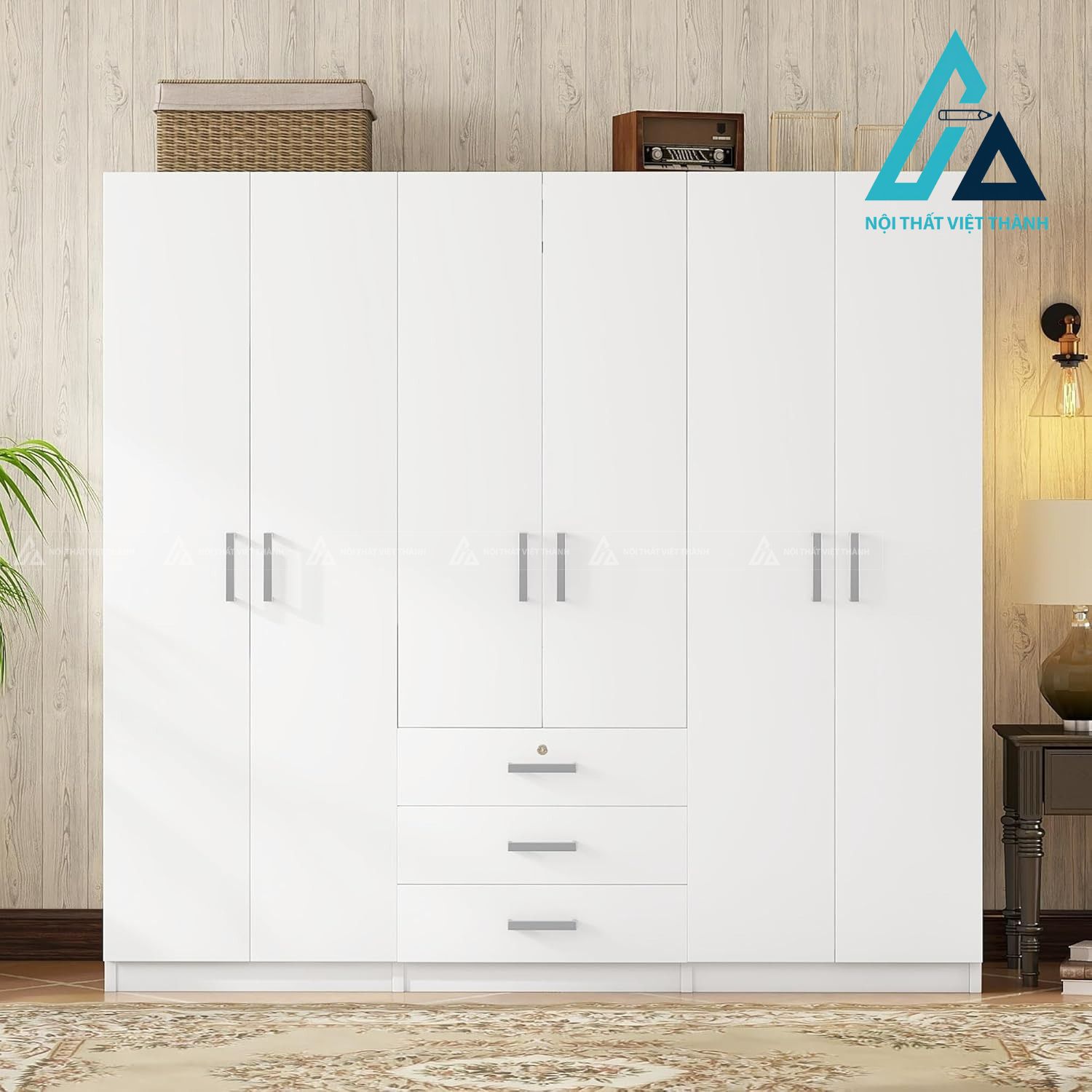 Tủ quần áo 6 cánh MDF sơn trắng hiện đại rộng rãi cho phòng ngủ