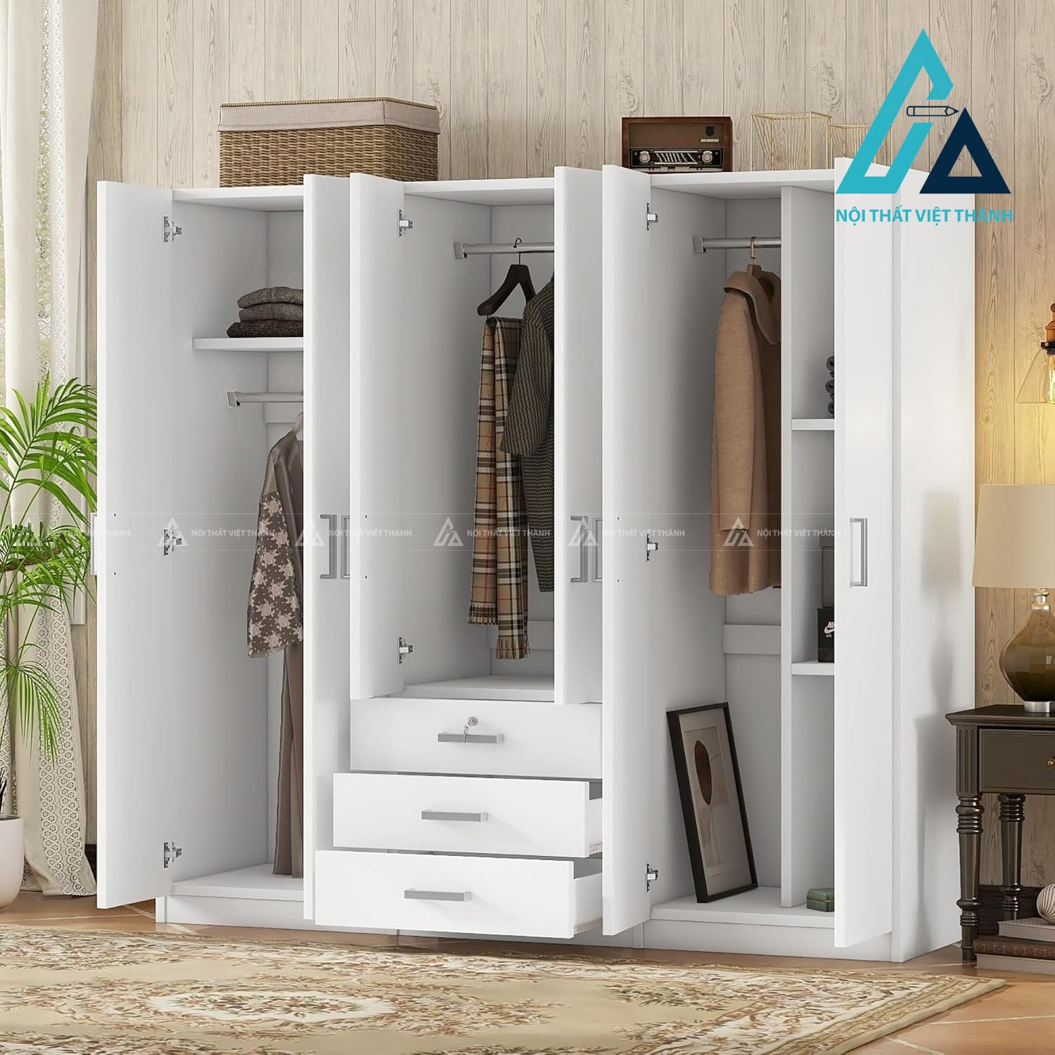 Tủ quần áo 6 cánh MDF sơn trắng hiện đại rộng rãi cho phòng ngủ 1