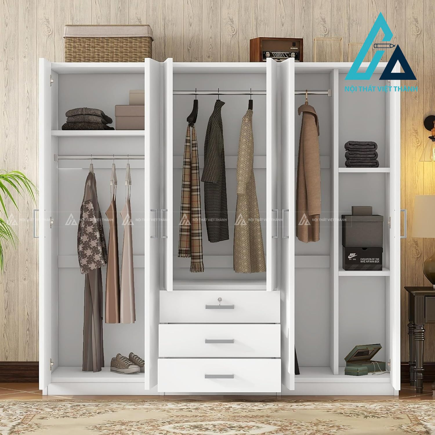 Tủ quần áo 6 cánh MDF sơn trắng hiện đại rộng rãi cho phòng ngủ 2