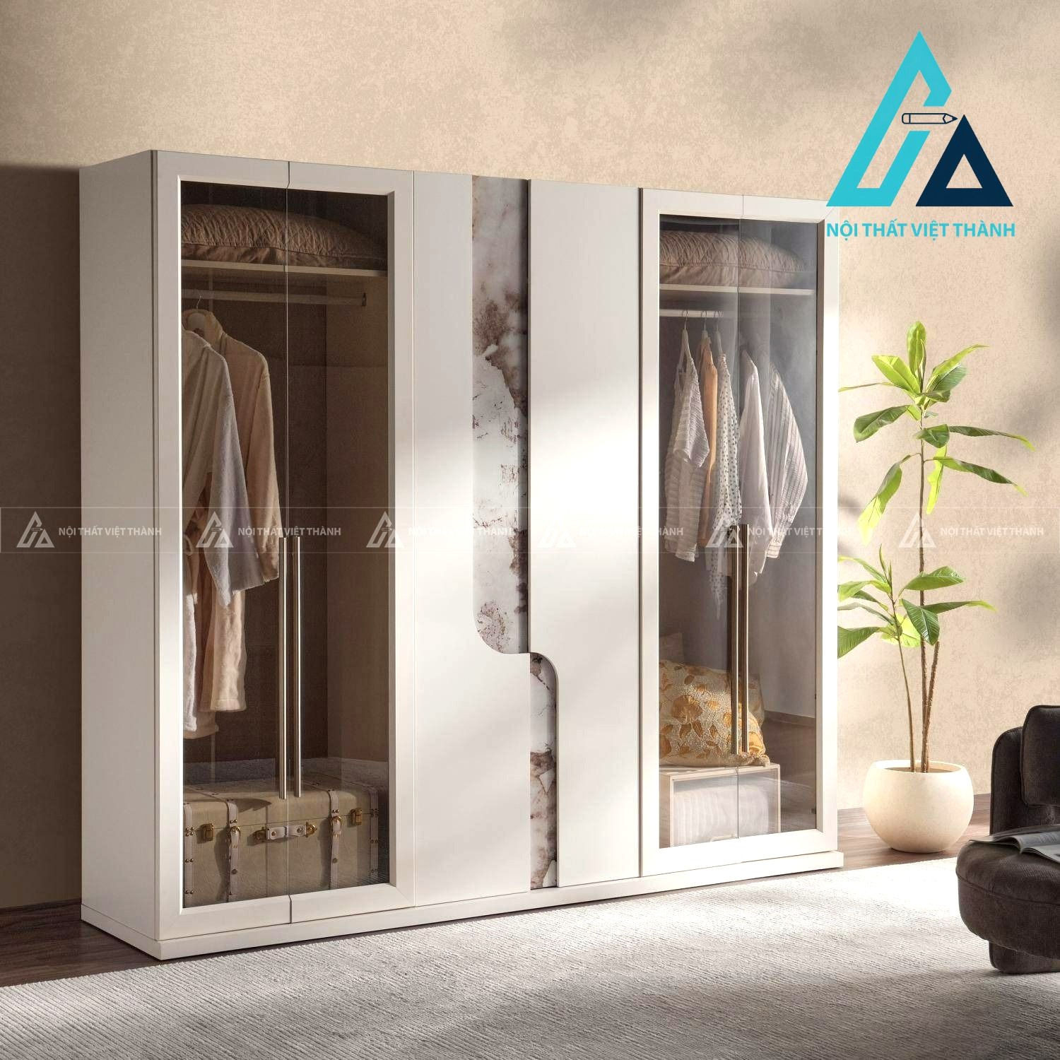 Tủ quần áo 6 cánh kính MDF màu trắng kem sang trọng hiện đại