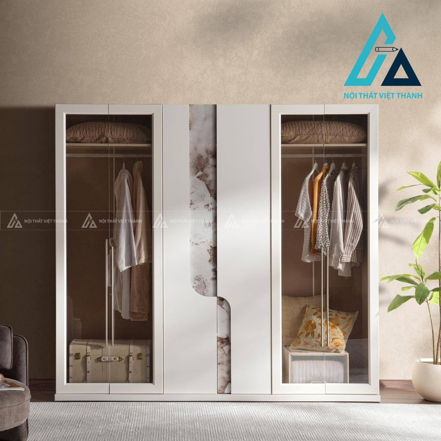 Tủ quần áo 6 cánh kính MDF màu trắng kem sang trọng hiện đại 1