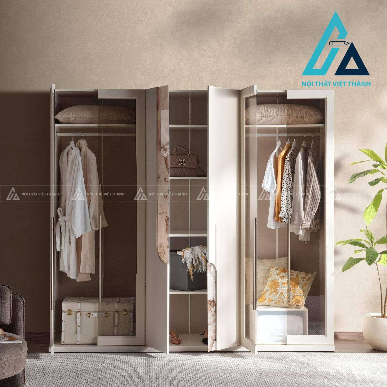 Tủ quần áo 6 cánh kính MDF màu trắng kem sang trọng hiện đại 2