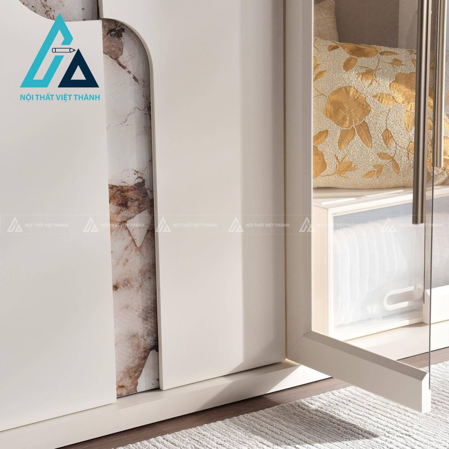 Tủ quần áo 6 cánh kính MDF màu trắng kem sang trọng hiện đại 3