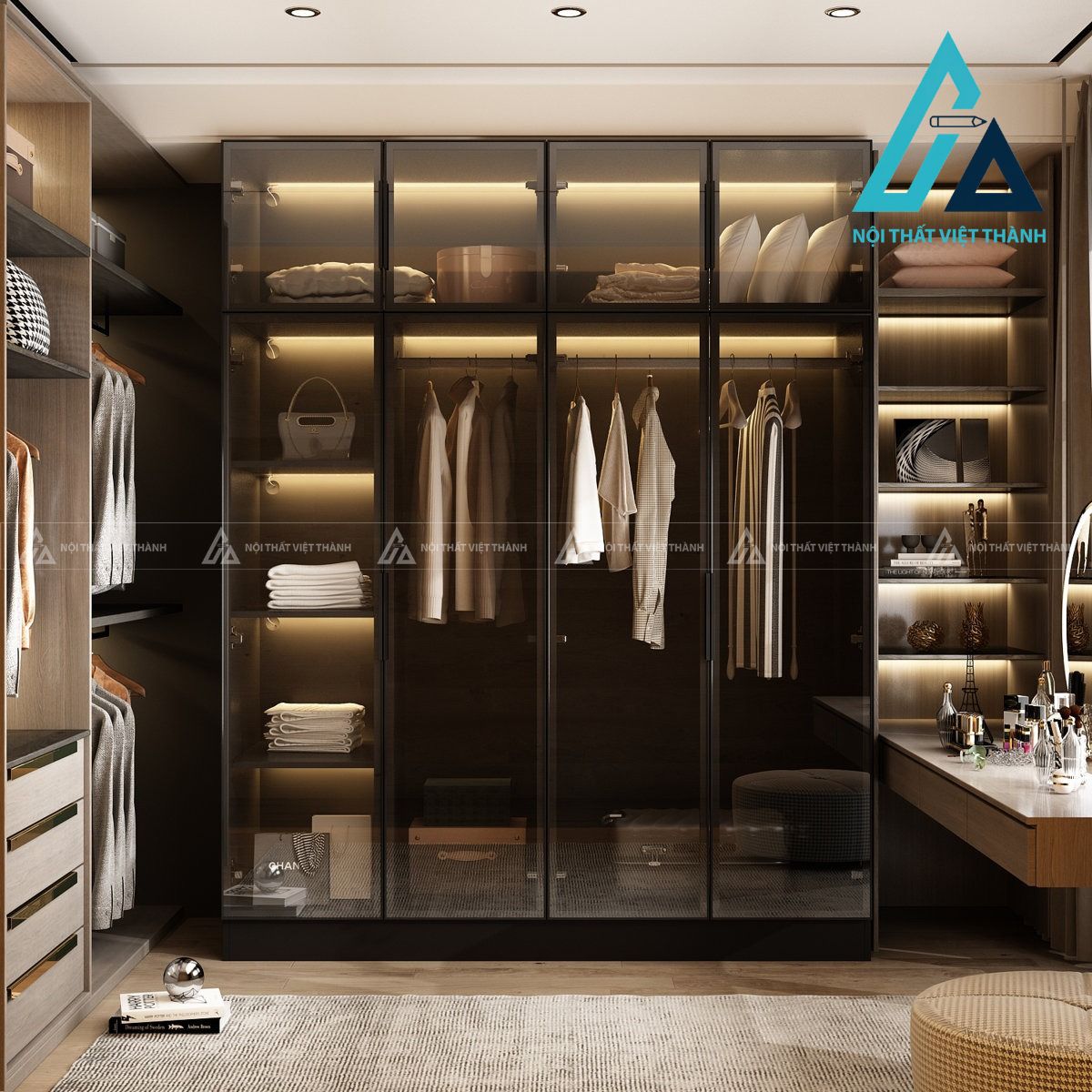 Tủ quần áo cánh kính cao cấp tích hợp đèn LED hiện đại sang trọng 4