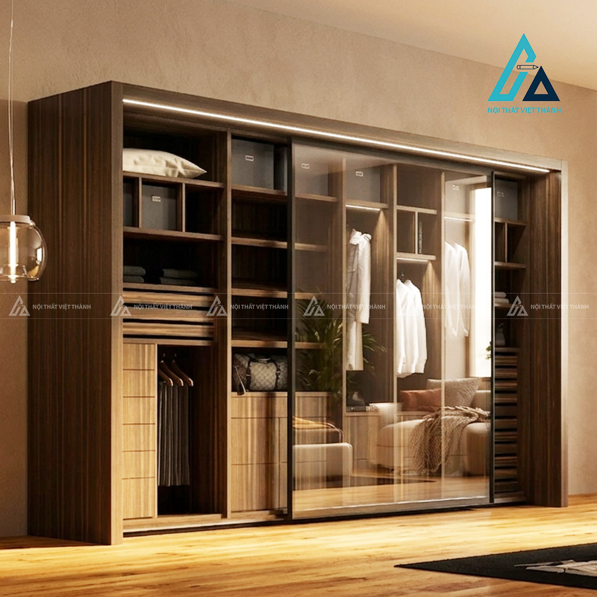 Tủ quần áo cánh kính cửa trượt MDF vân gỗ tích hợp LED hiện đại