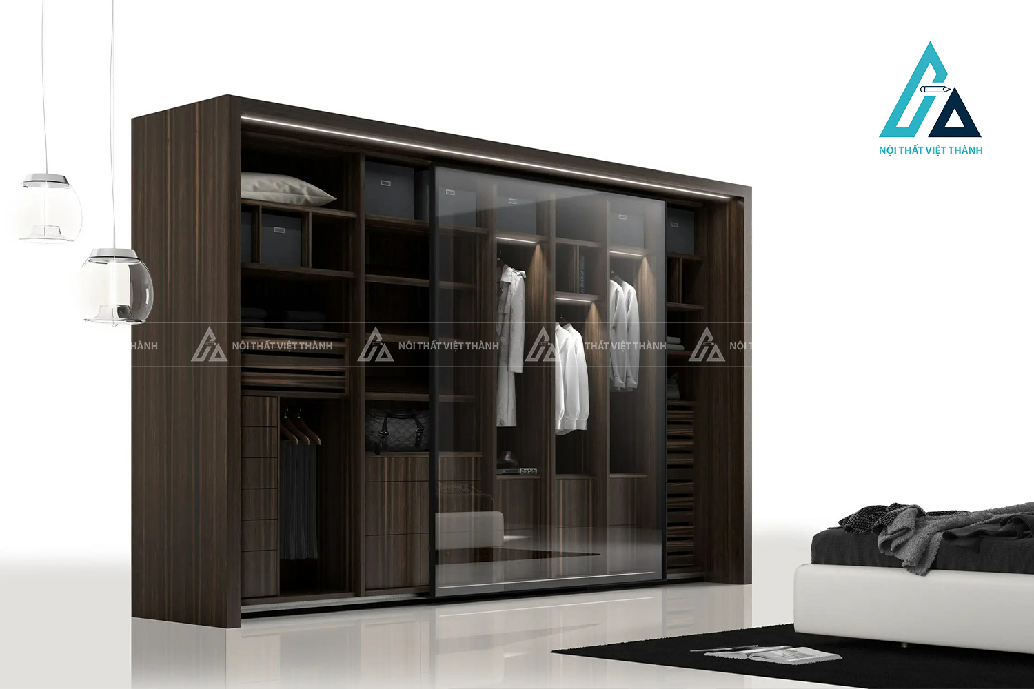 Tủ quần áo cánh kính cửa trượt MDF vân gỗ tích hợp LED hiện đại 1