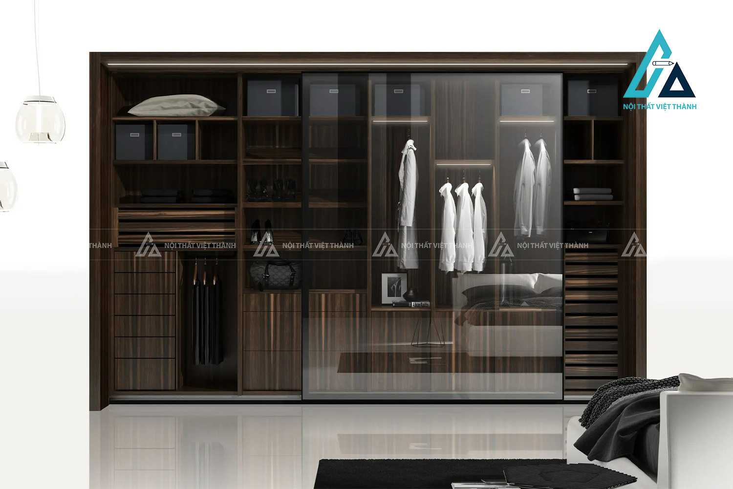 Tủ quần áo cánh kính cửa trượt MDF vân gỗ tích hợp LED hiện đại 2