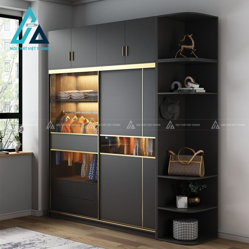 Tủ quần áo cánh kính MDF màu đen phong cách hiện đại cao cấp