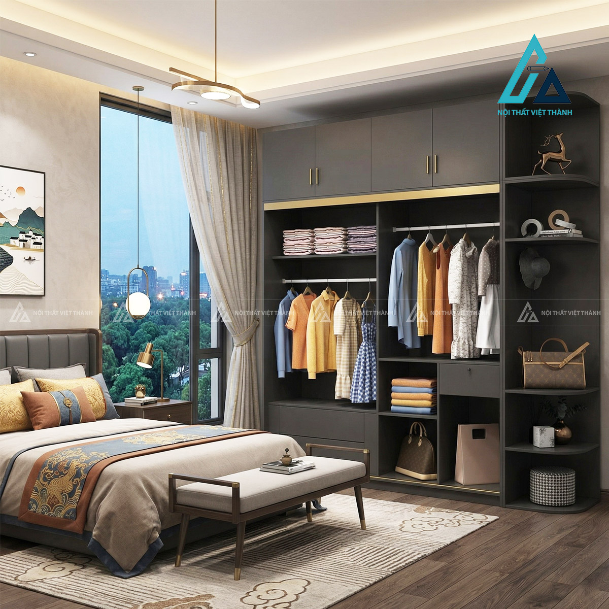 Tủ quần áo cánh kính MDF màu đen phong cách hiện đại cao cấp 2