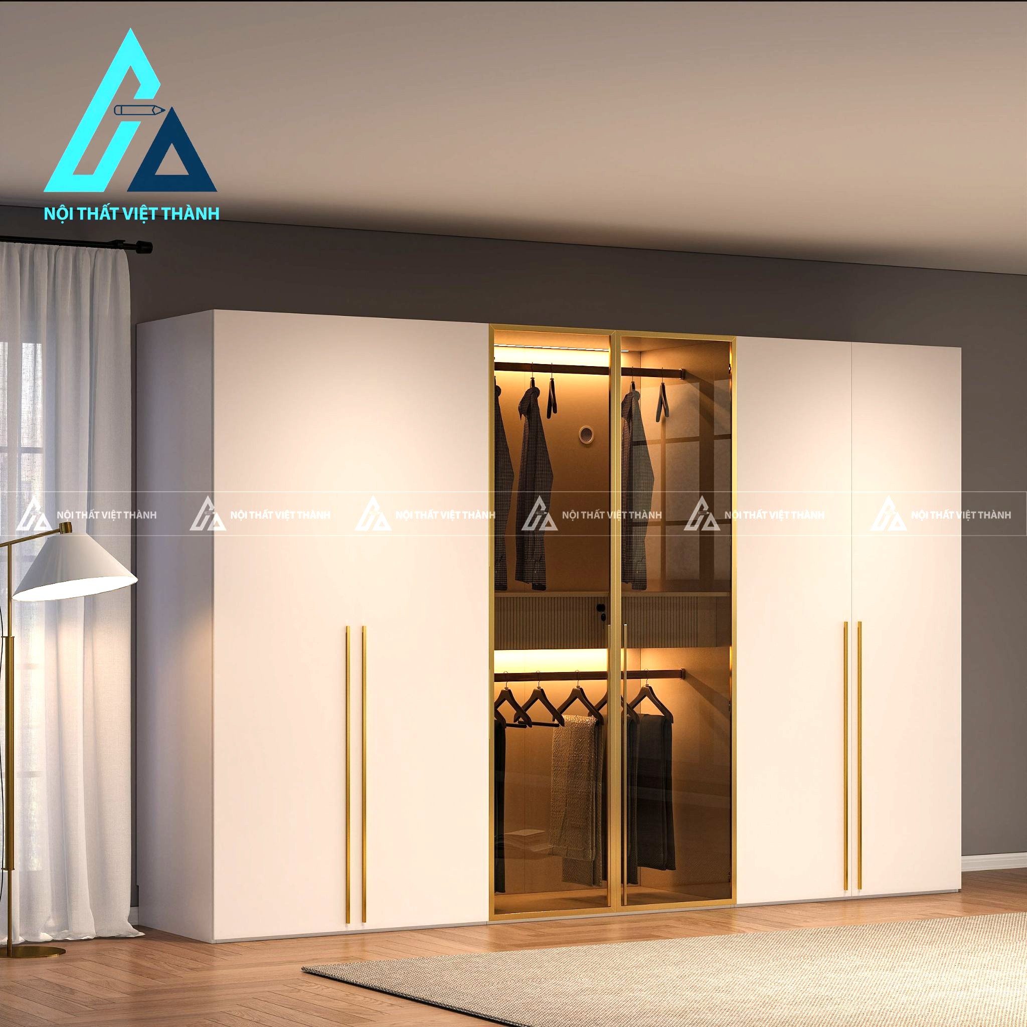 Tủ quần áo cánh kính MDF màu trắng tích hợp đèn LED hiện đại