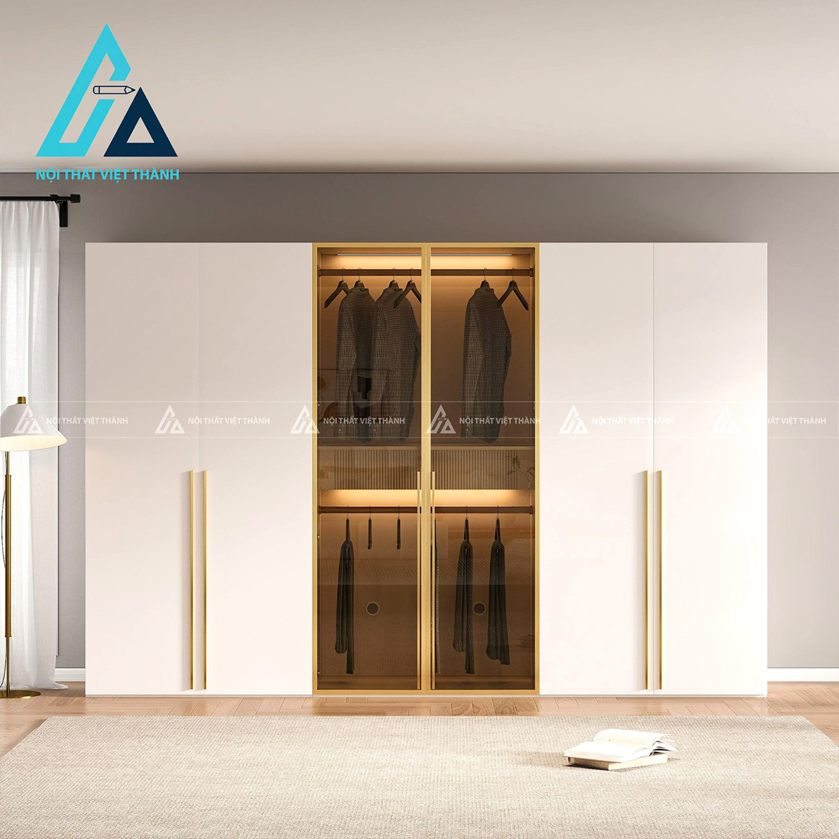 Tủ quần áo cánh kính MDF màu trắng tích hợp đèn LED hiện đại 1