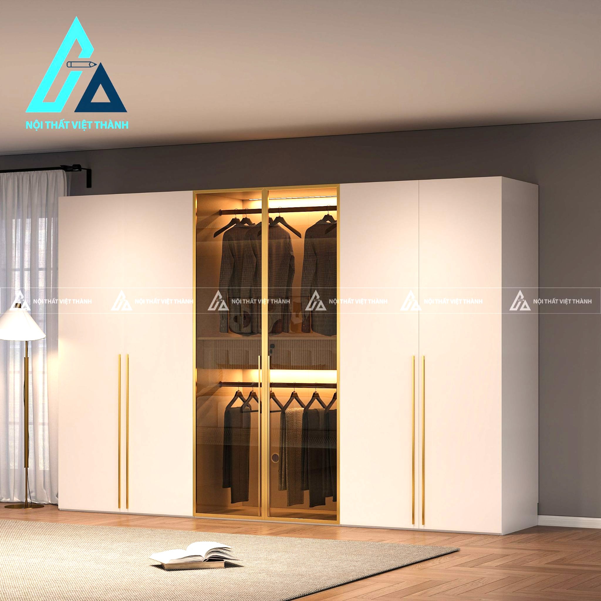 Tủ quần áo cánh kính MDF màu trắng tích hợp đèn LED hiện đại 2