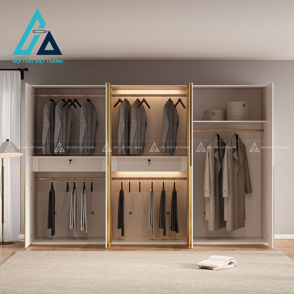 Tủ quần áo cánh kính MDF màu trắng tích hợp đèn LED hiện đại 3