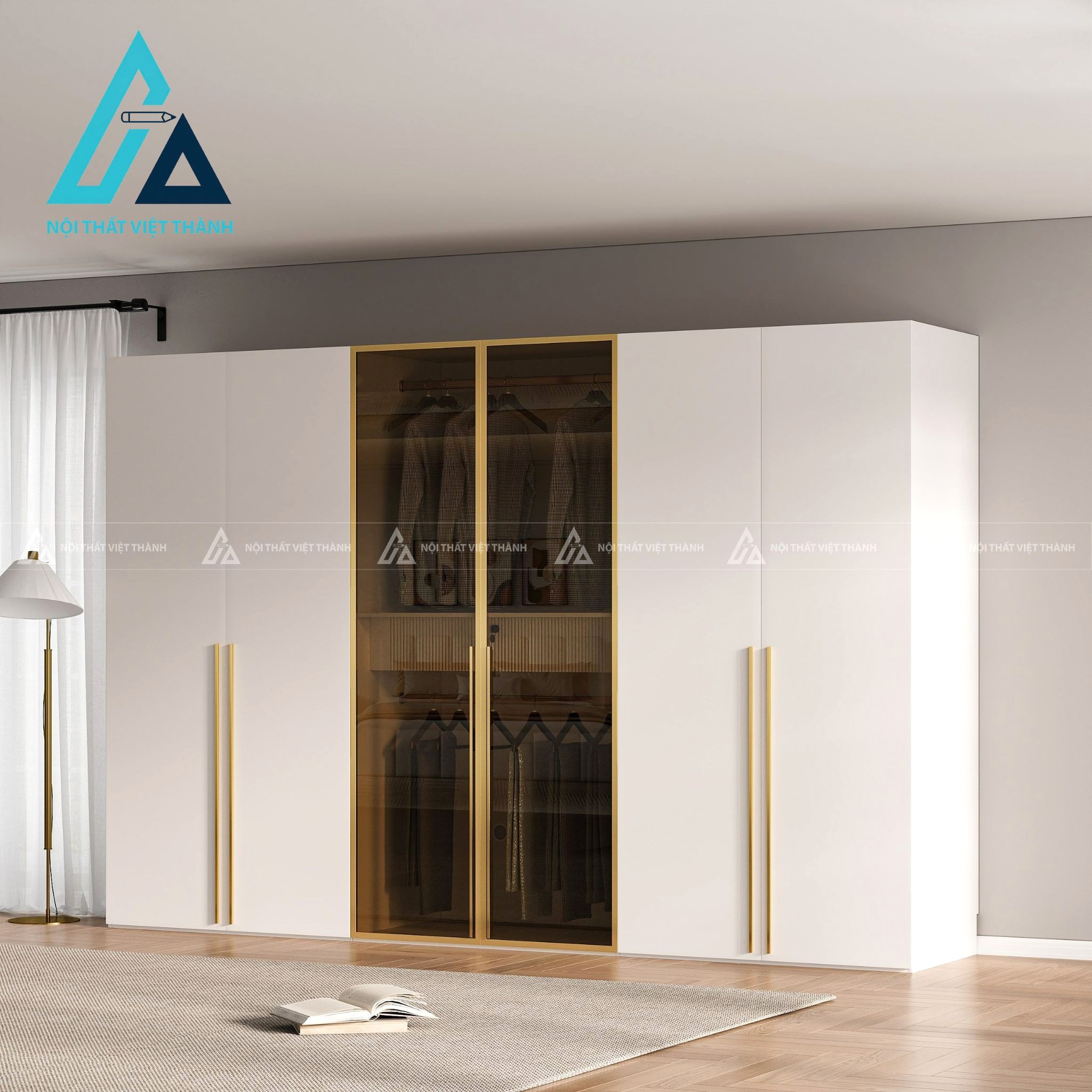 Tủ quần áo cánh kính MDF màu trắng tích hợp đèn LED hiện đại 4