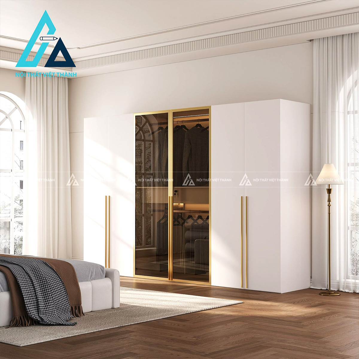 Tủ quần áo cánh kính MDF màu trắng tích hợp đèn LED hiện đại 5