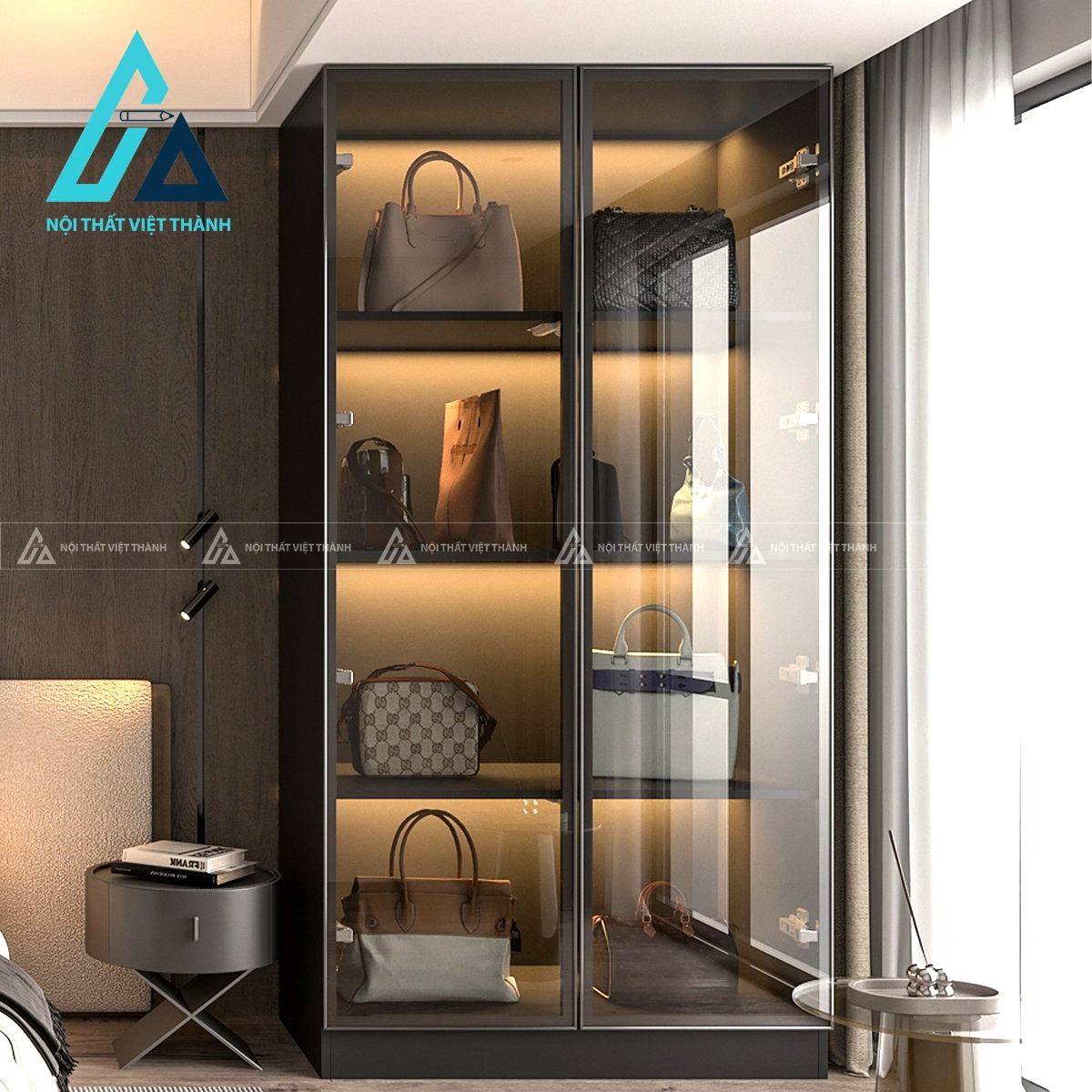 Tủ quần áo cánh kính MDF tích hợp đèn LED hiện đại tối ưu lưu trữ