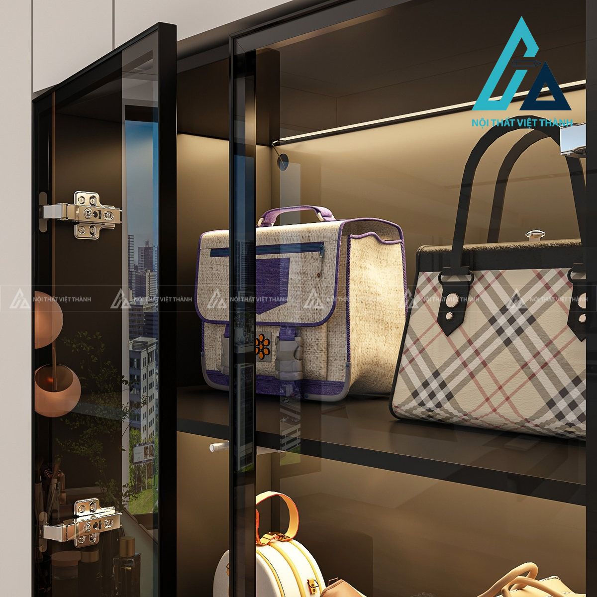 Tủ quần áo cánh kính MDF tích hợp đèn LED hiện đại tối ưu lưu trữ 3