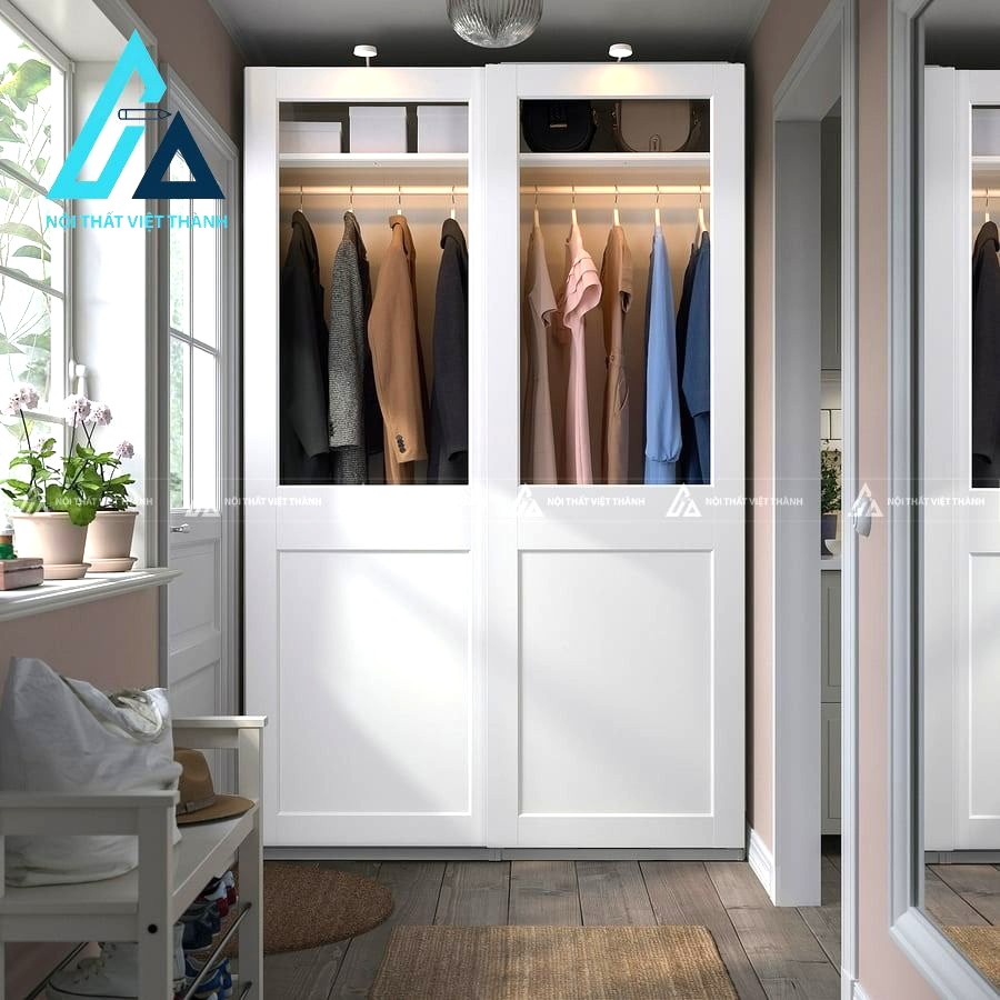 Tủ quần áo cánh kính trượt màu trắng MDF hiện đại tối ưu không gian